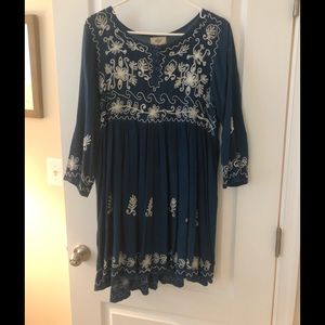 Blue Flowy Embroidered Dress Sz M by Exist
